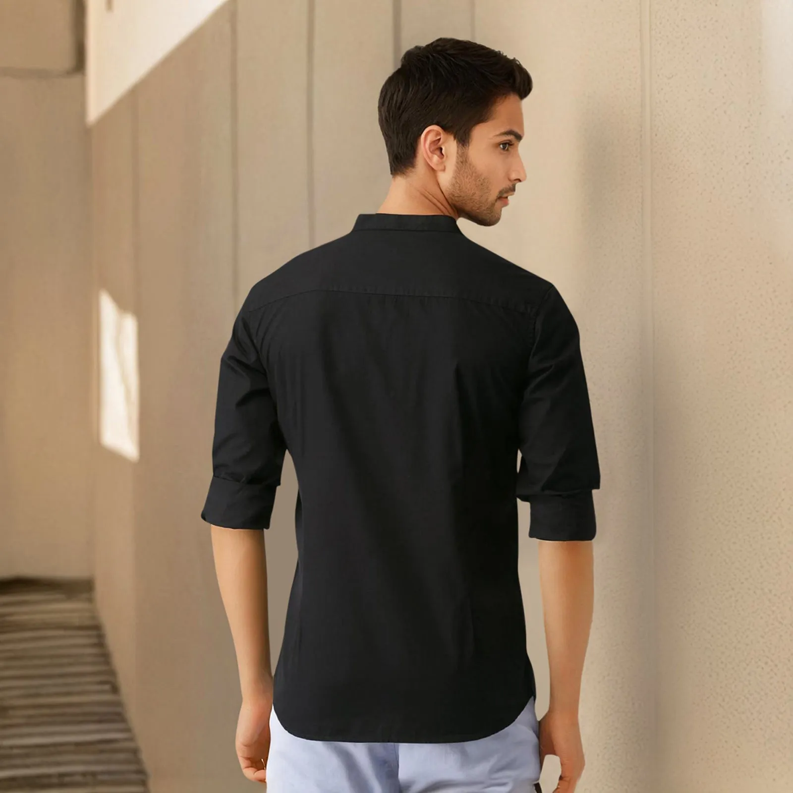 Black Mandarin Collar Solid Linen Cotton Shirt for Men