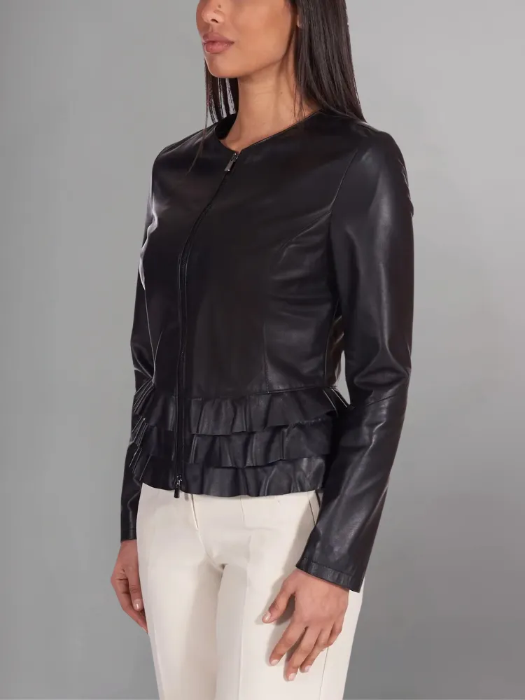 Black nappa lamb leather jacket waist flounces