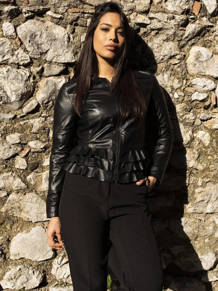 Black nappa lamb leather jacket waist flounces