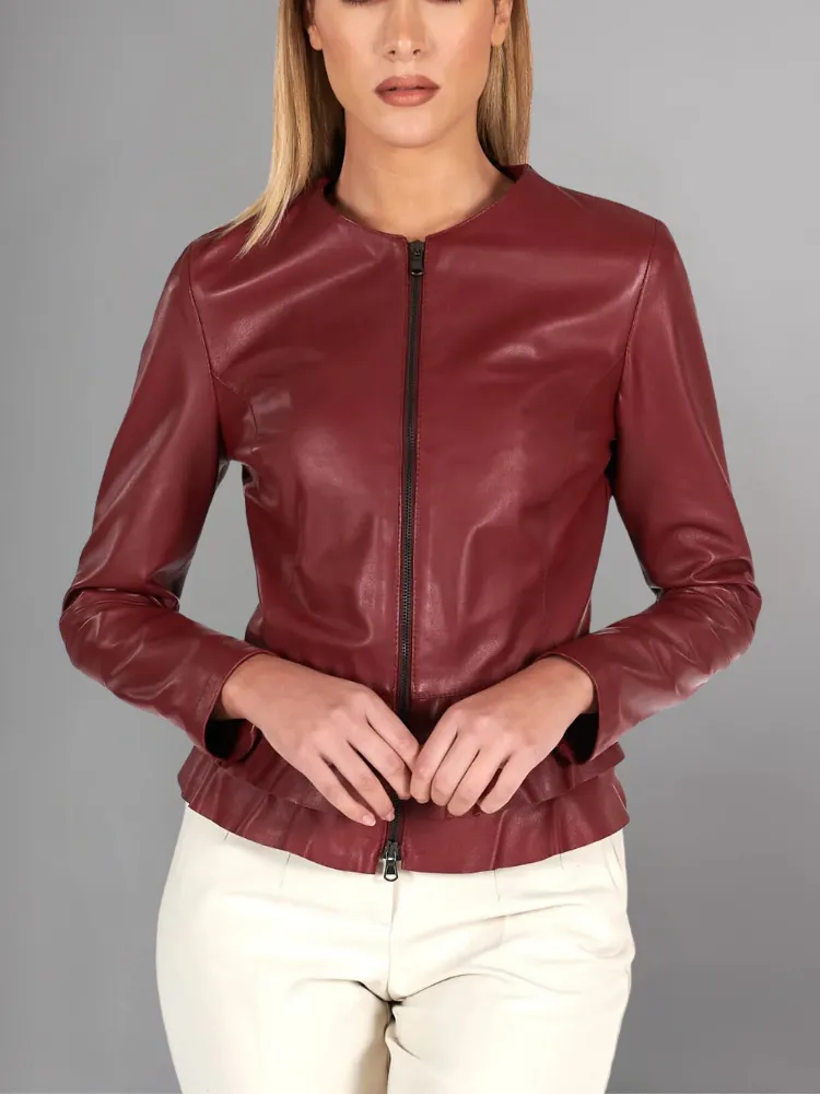 Black nappa lamb leather jacket waist flounces