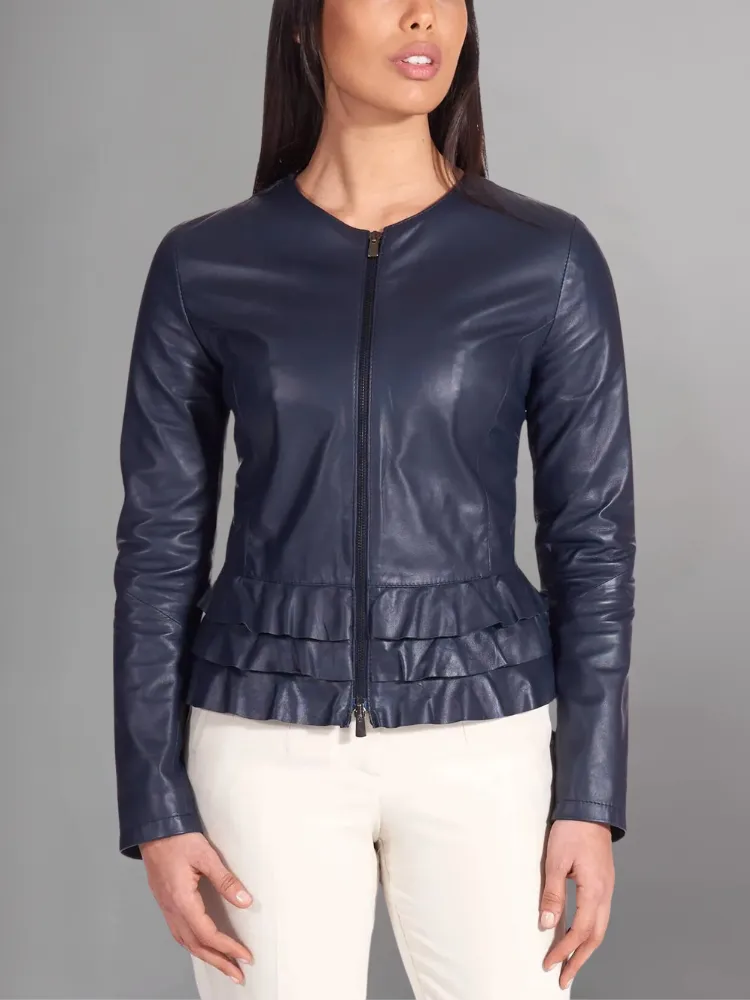 Black nappa lamb leather jacket waist flounces