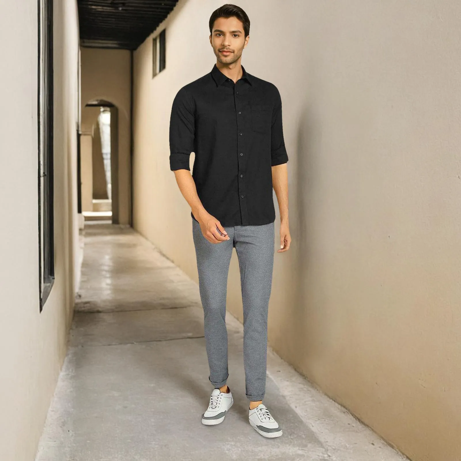 Black Solid Linen Cotton Shirt for Men