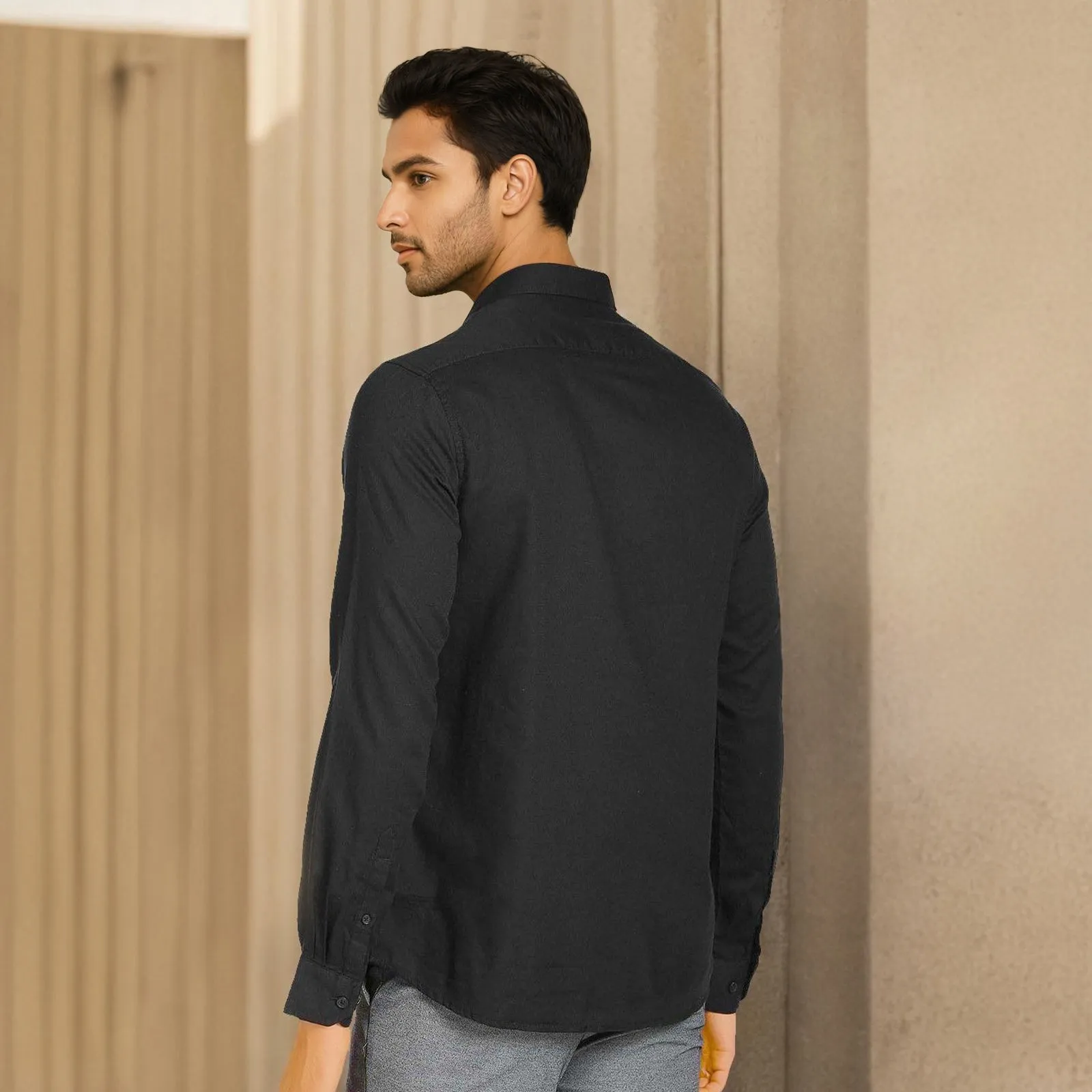 Black Solid Linen Cotton Shirt for Men