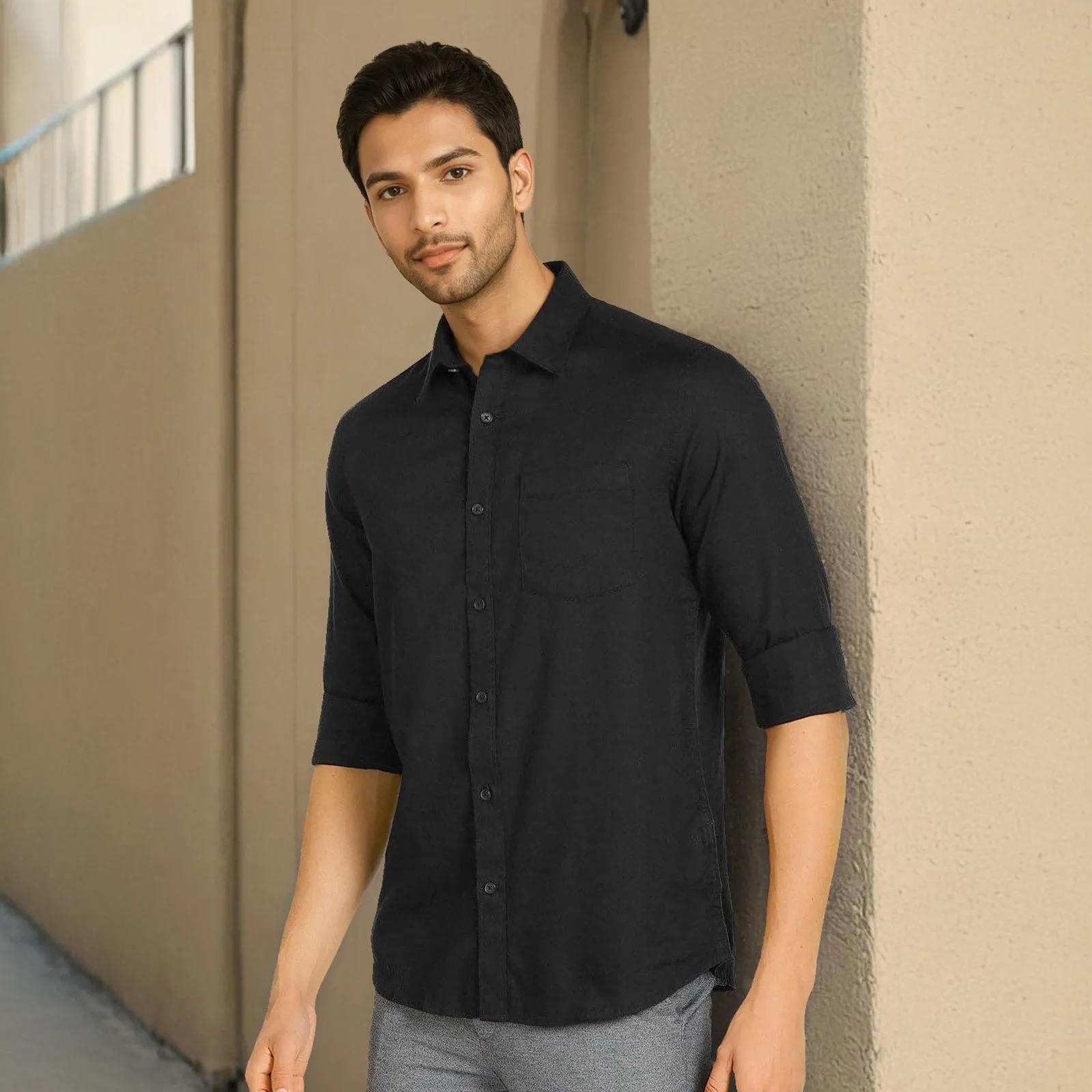 Black Solid Linen Cotton Shirt for Men