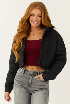 Black Zip Up Quilted Puffer Cropped Jacket