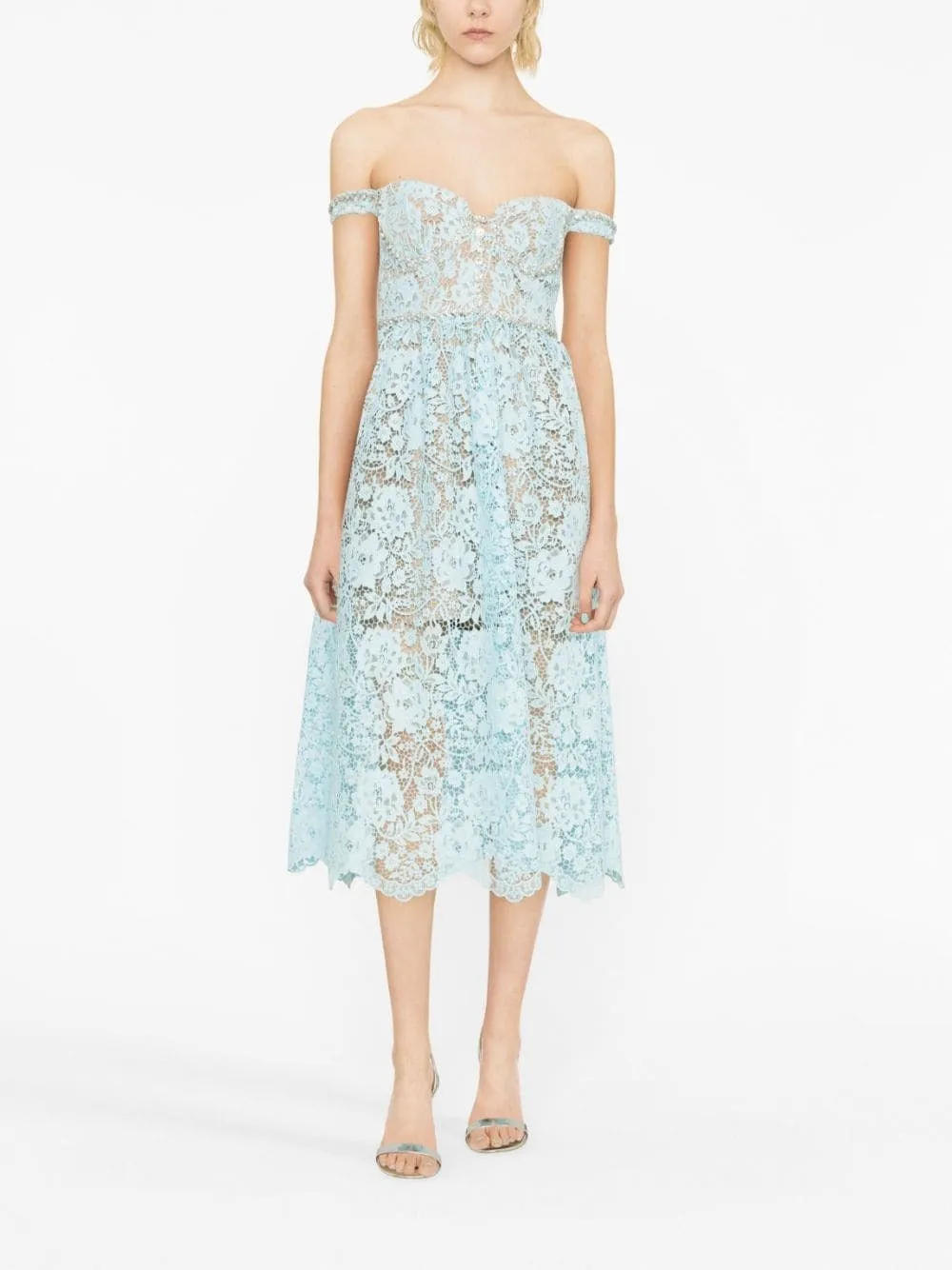 Blue Cord Lace Diamante Midi Dress