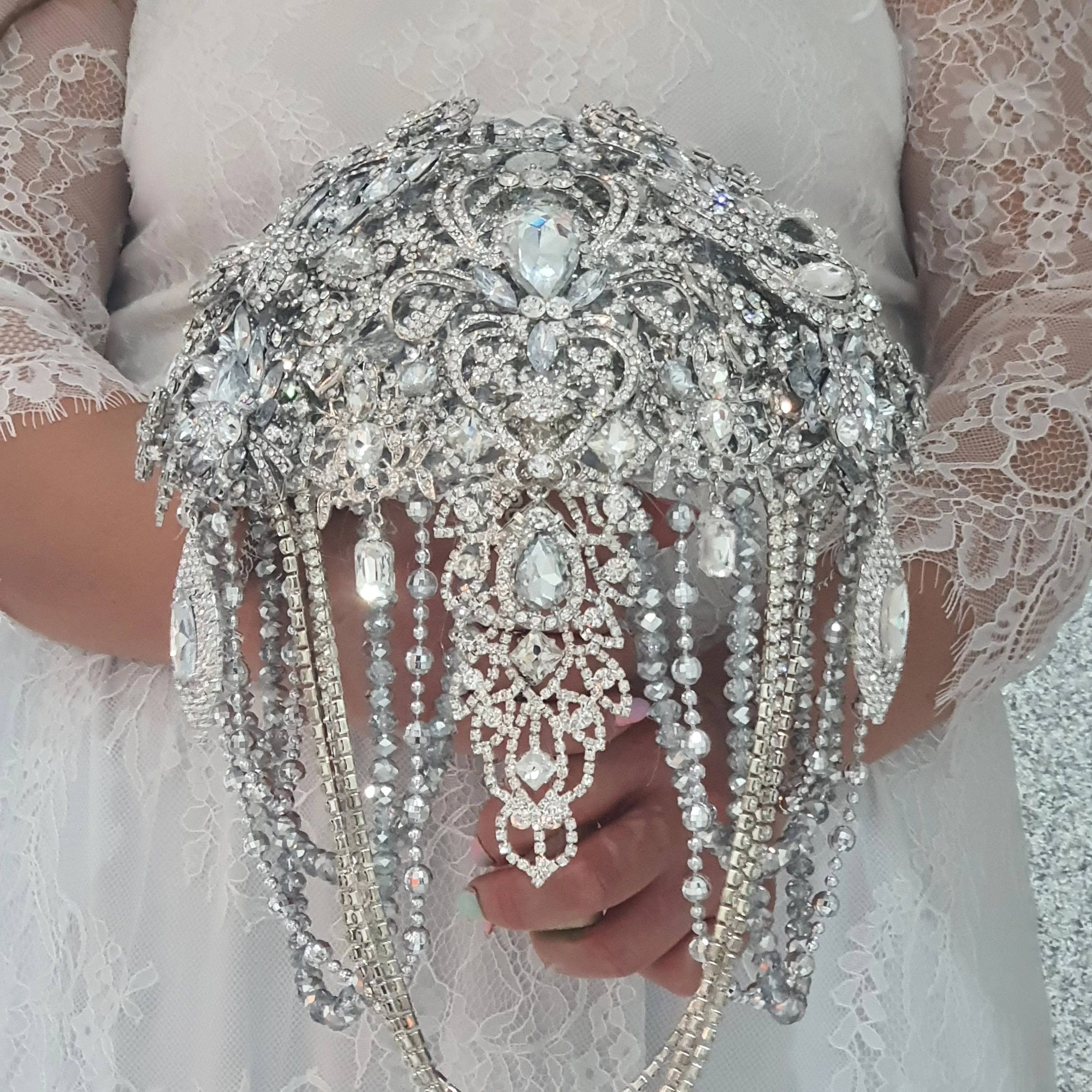 Brooch bouquet, 10" Jewel crystal wedding bouquet  grooms buttonhole Crystal  brides bouquet  cascade Jewel bouquet by Crystal wedding uk