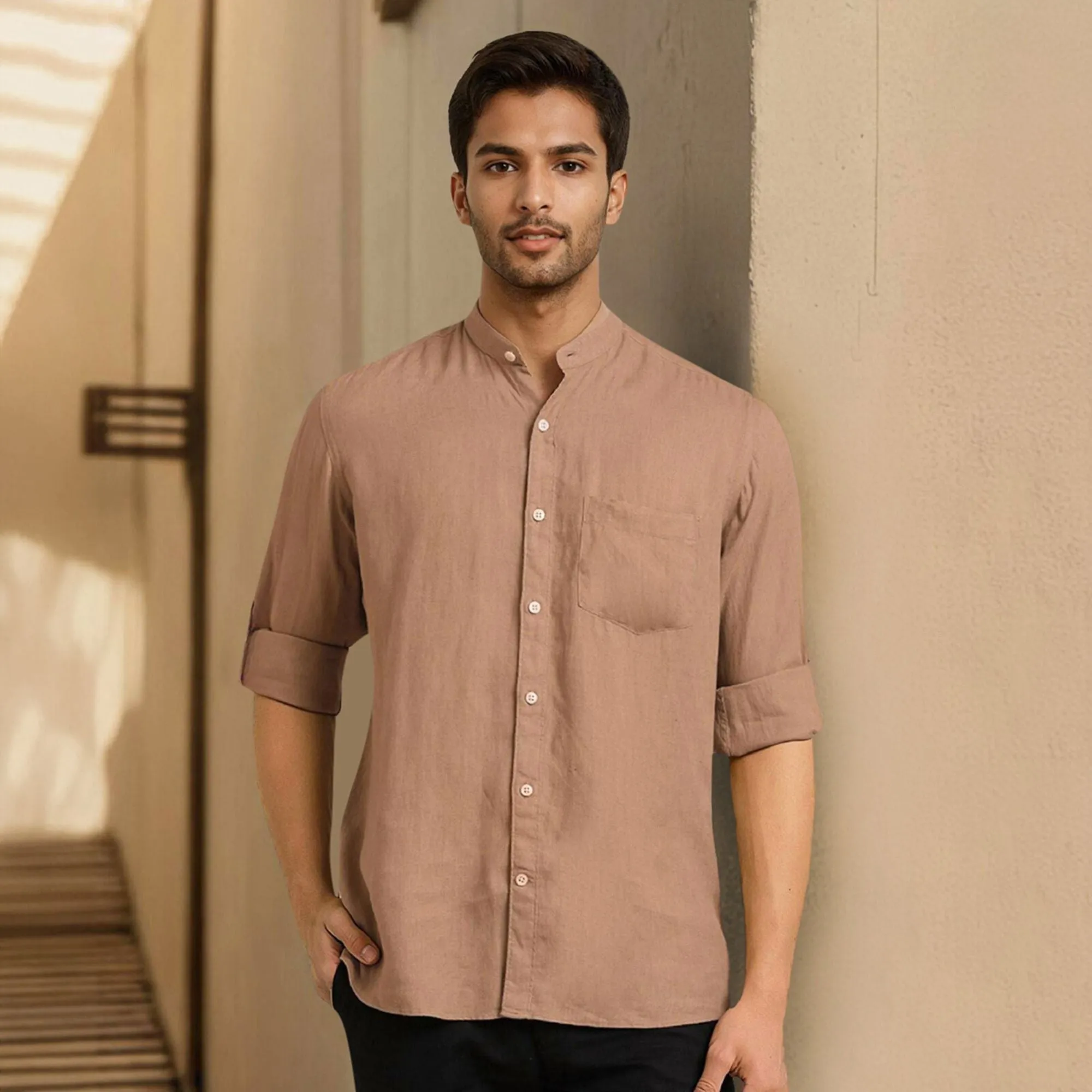 Brown Mandarin Collar Solid Linen Cotton Shirt for Men