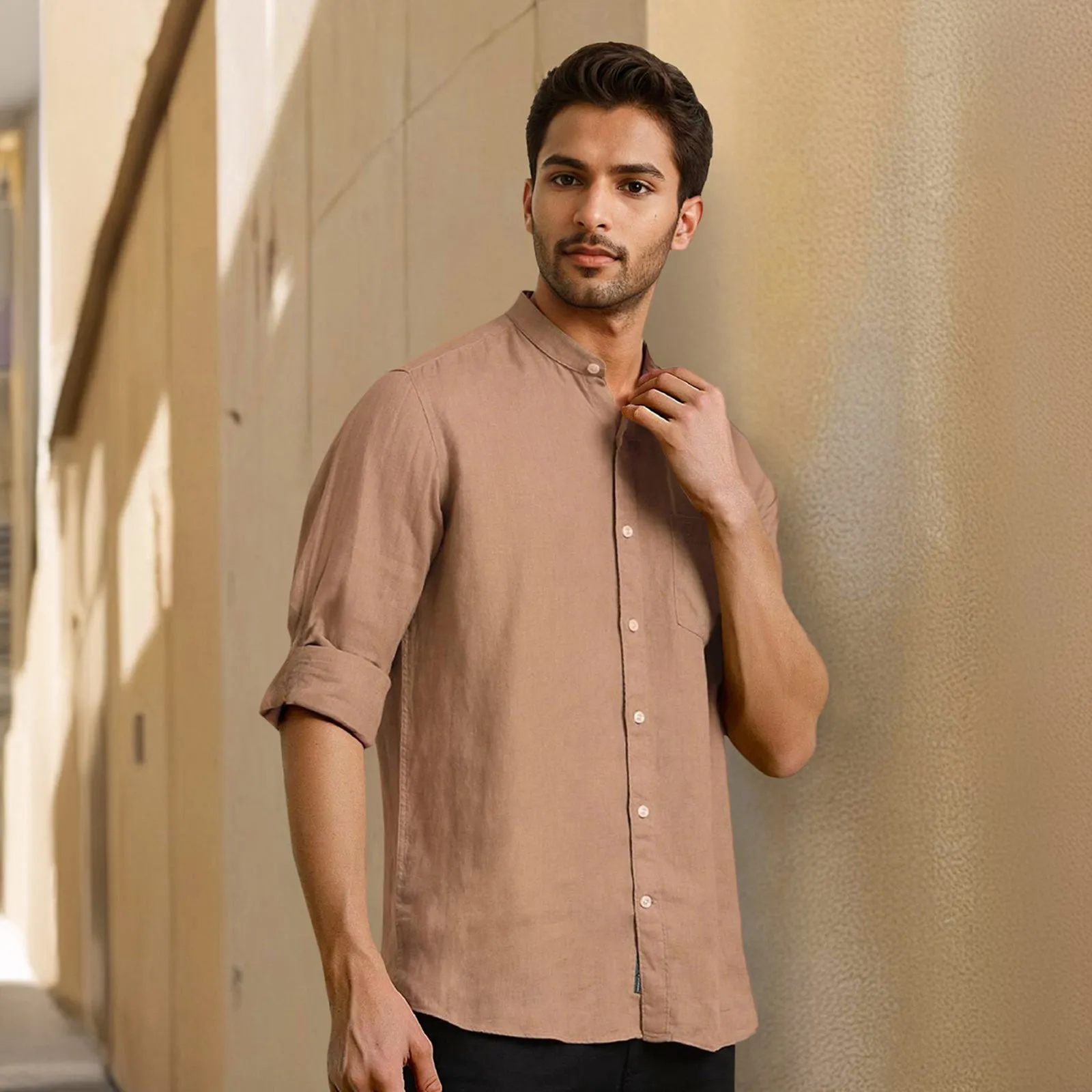 Brown Mandarin Collar Solid Linen Cotton Shirt for Men