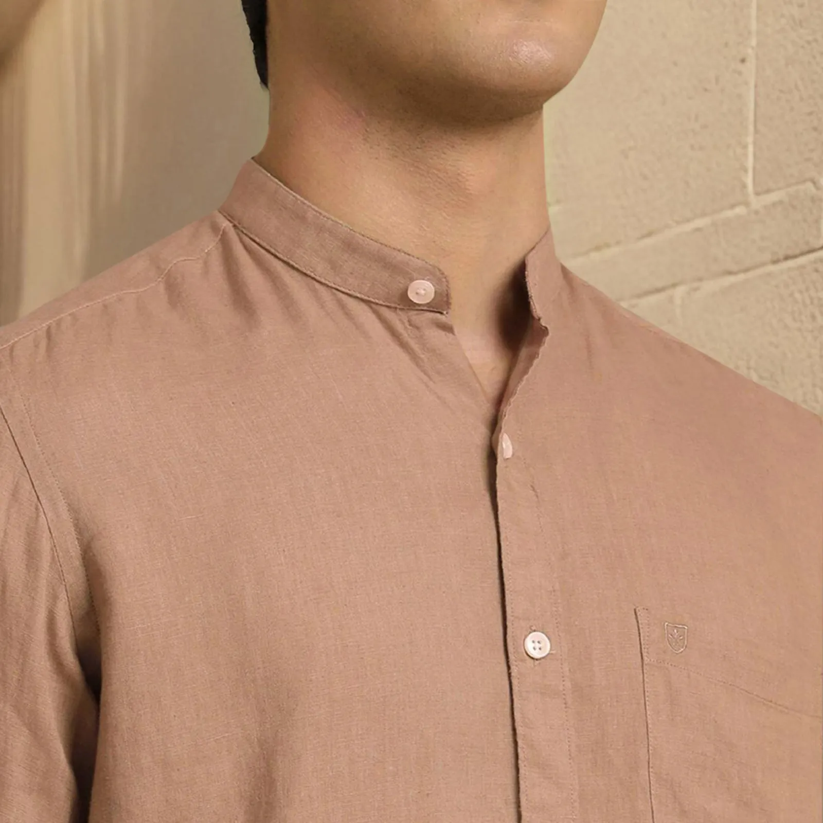 Brown Mandarin Collar Solid Linen Cotton Shirt for Men