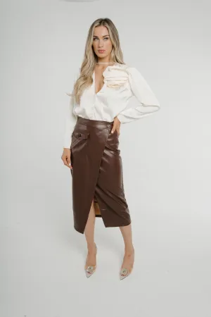 Caitlyn Wrap Faux Leather Midi Skirt Chocolate