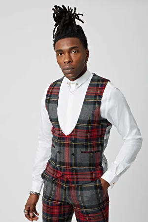 Cardosi Skinny Fit Red Tartan Wool Waistcoat