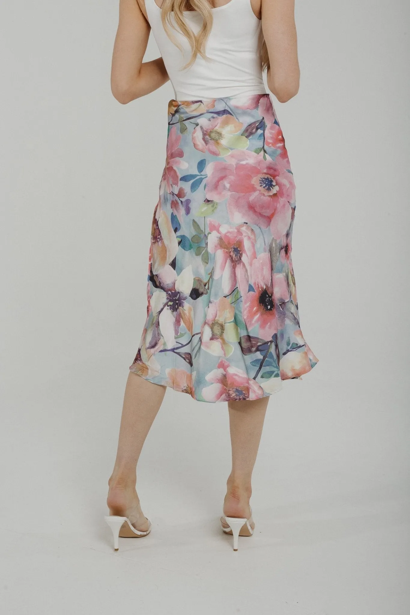 Casey Satin Midi Skirt In Pink Floral