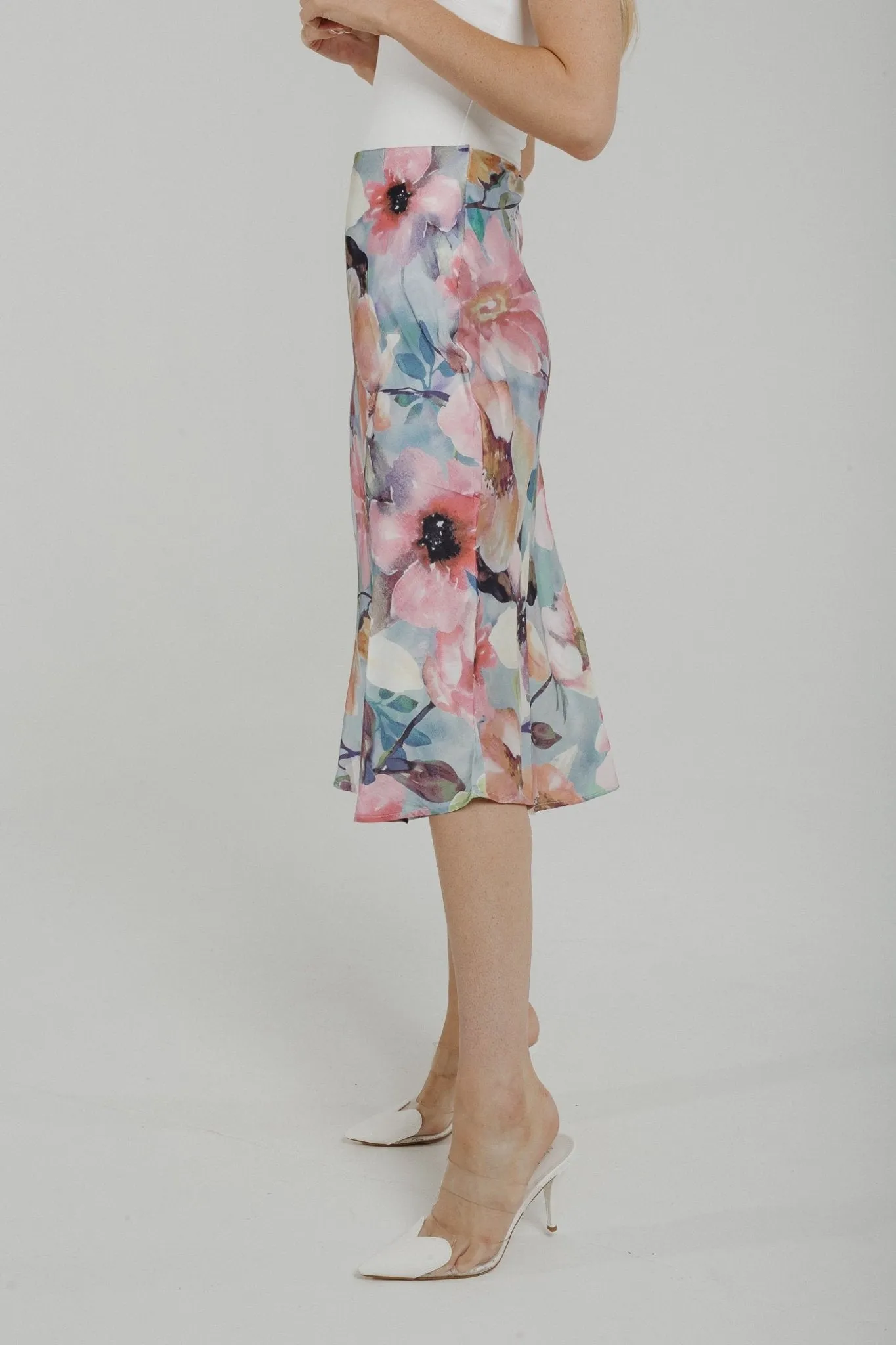 Casey Satin Midi Skirt In Pink Floral