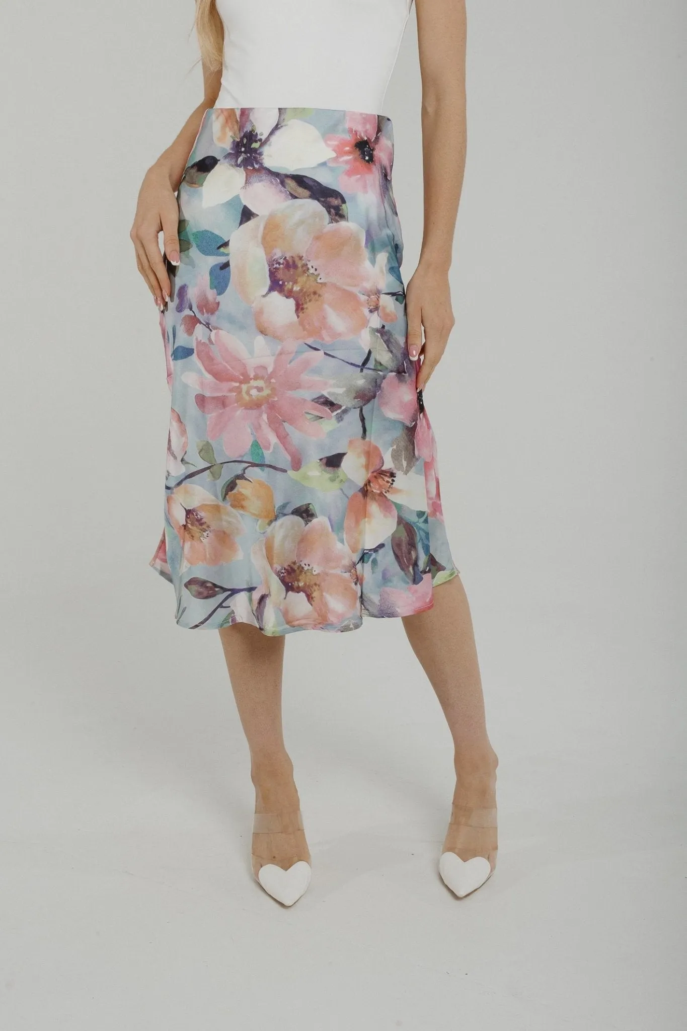 Casey Satin Midi Skirt In Pink Floral