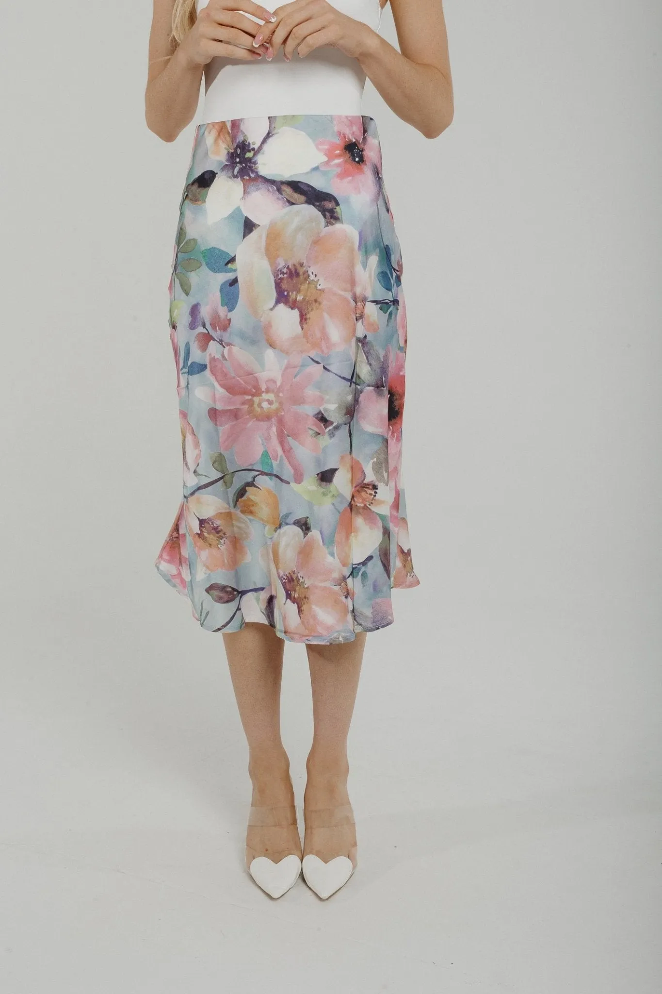 Casey Satin Midi Skirt In Pink Floral