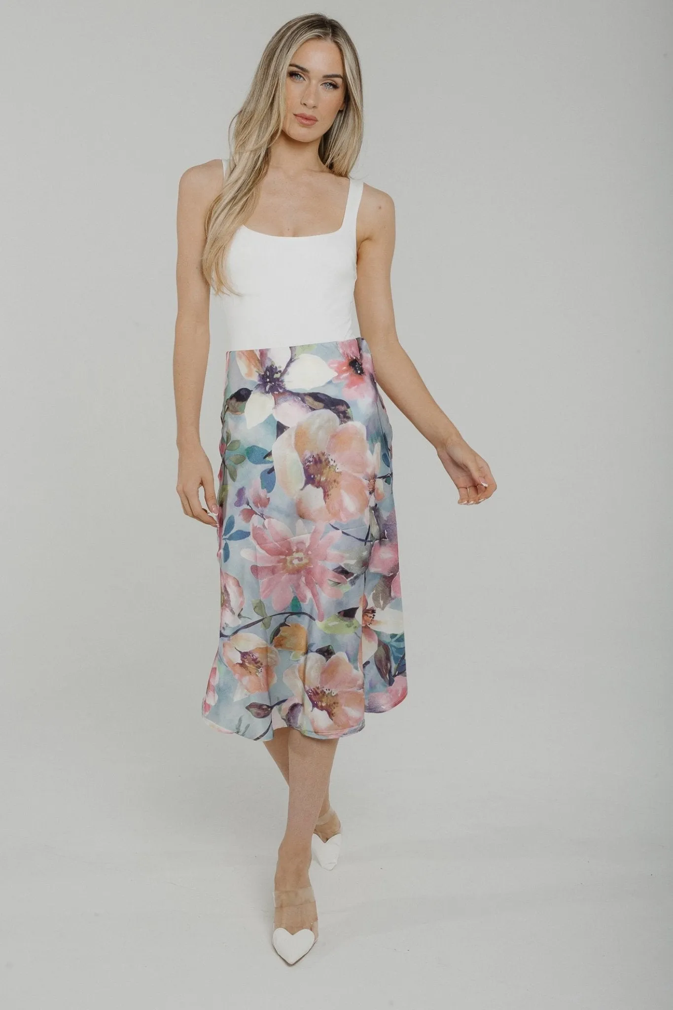 Casey Satin Midi Skirt In Pink Floral