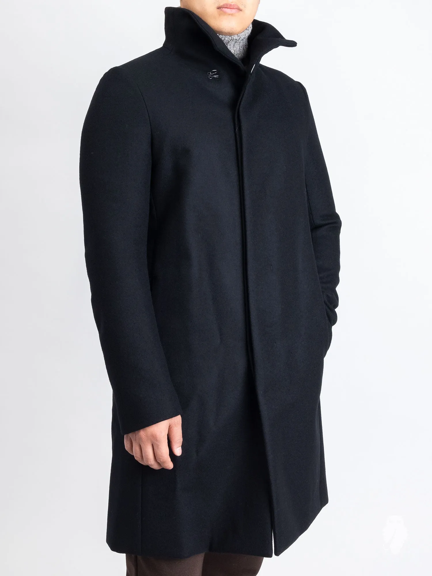 Cashmere Melton Stand Collar Coat in Black