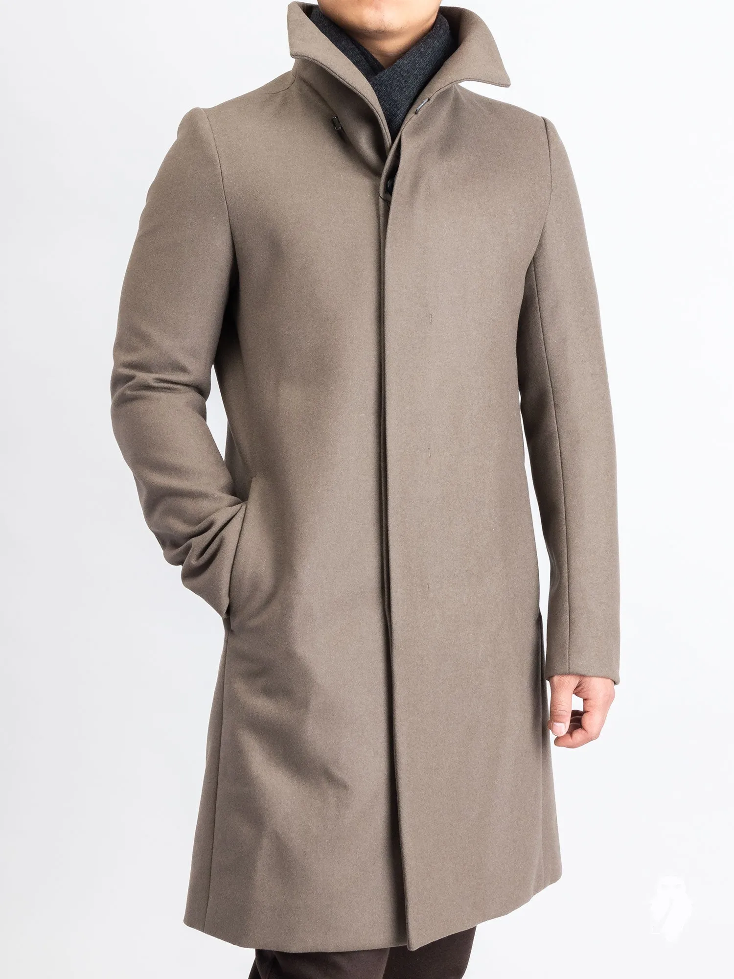 Cashmere Melton Stand Collar Coat in Khaki