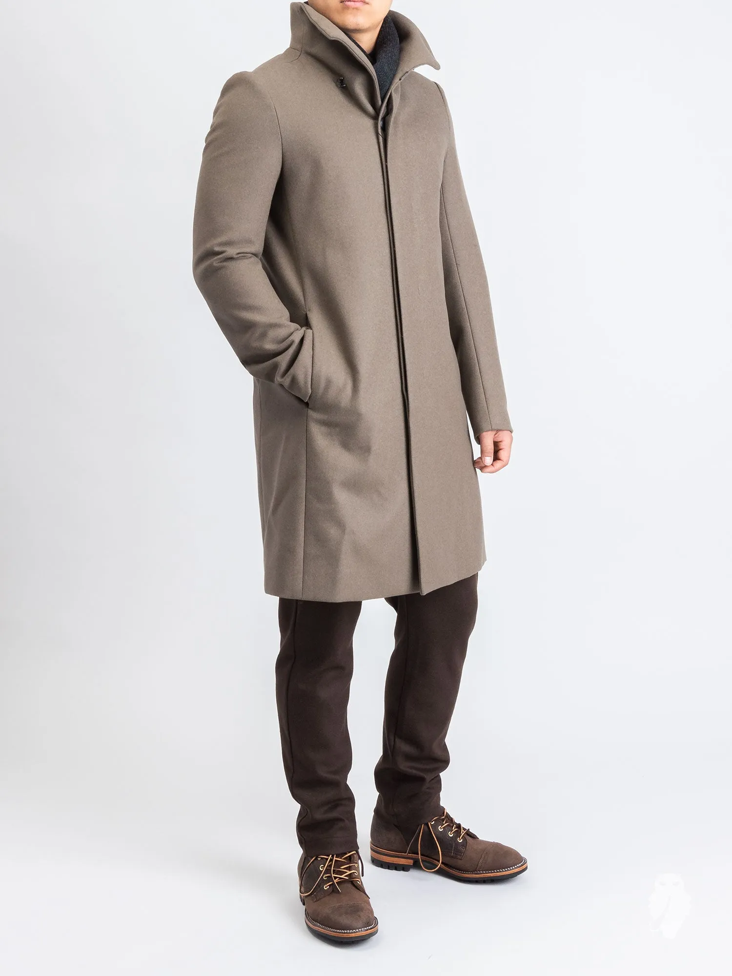 Cashmere Melton Stand Collar Coat in Khaki