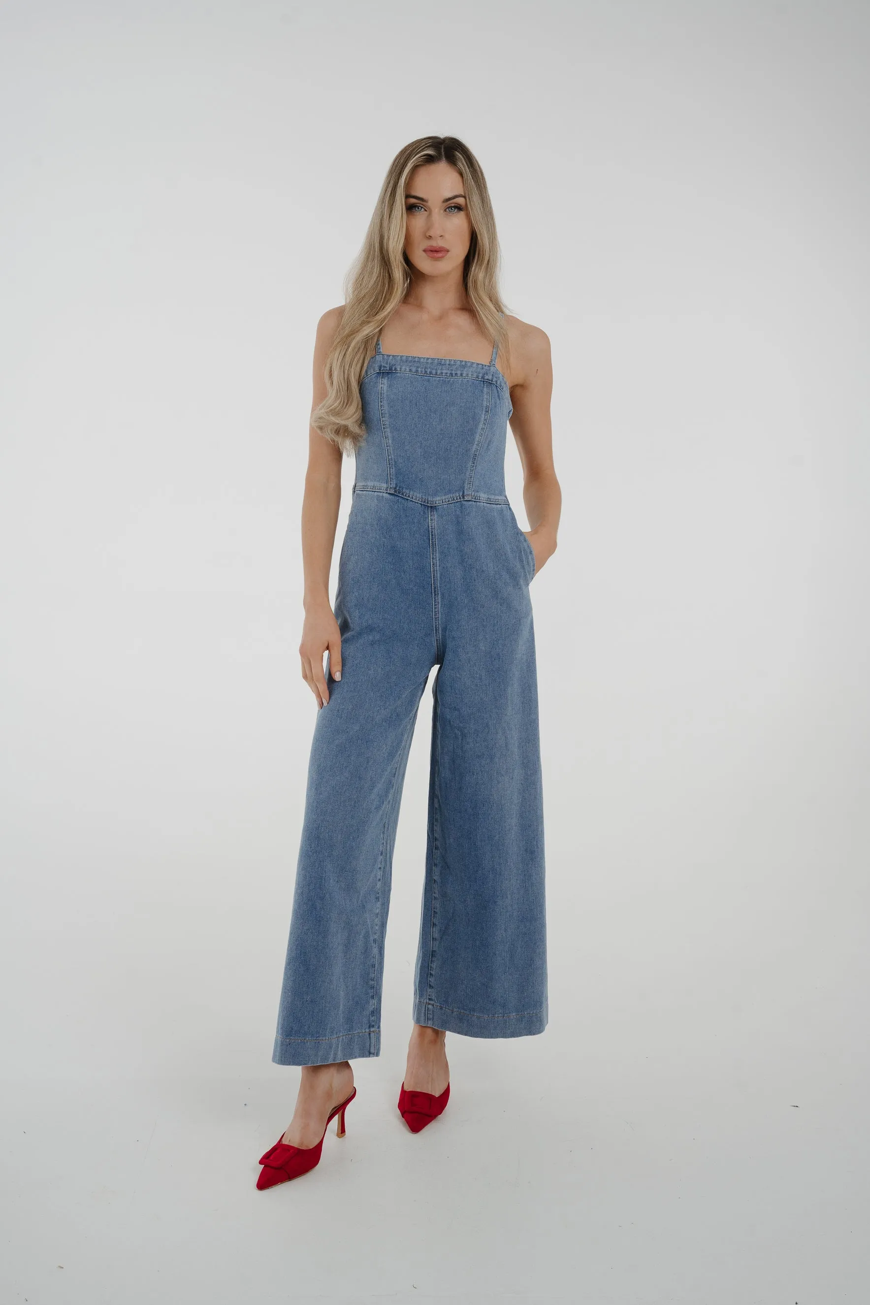 Cindy Strappy Denim Jumpsuit In Light Wash