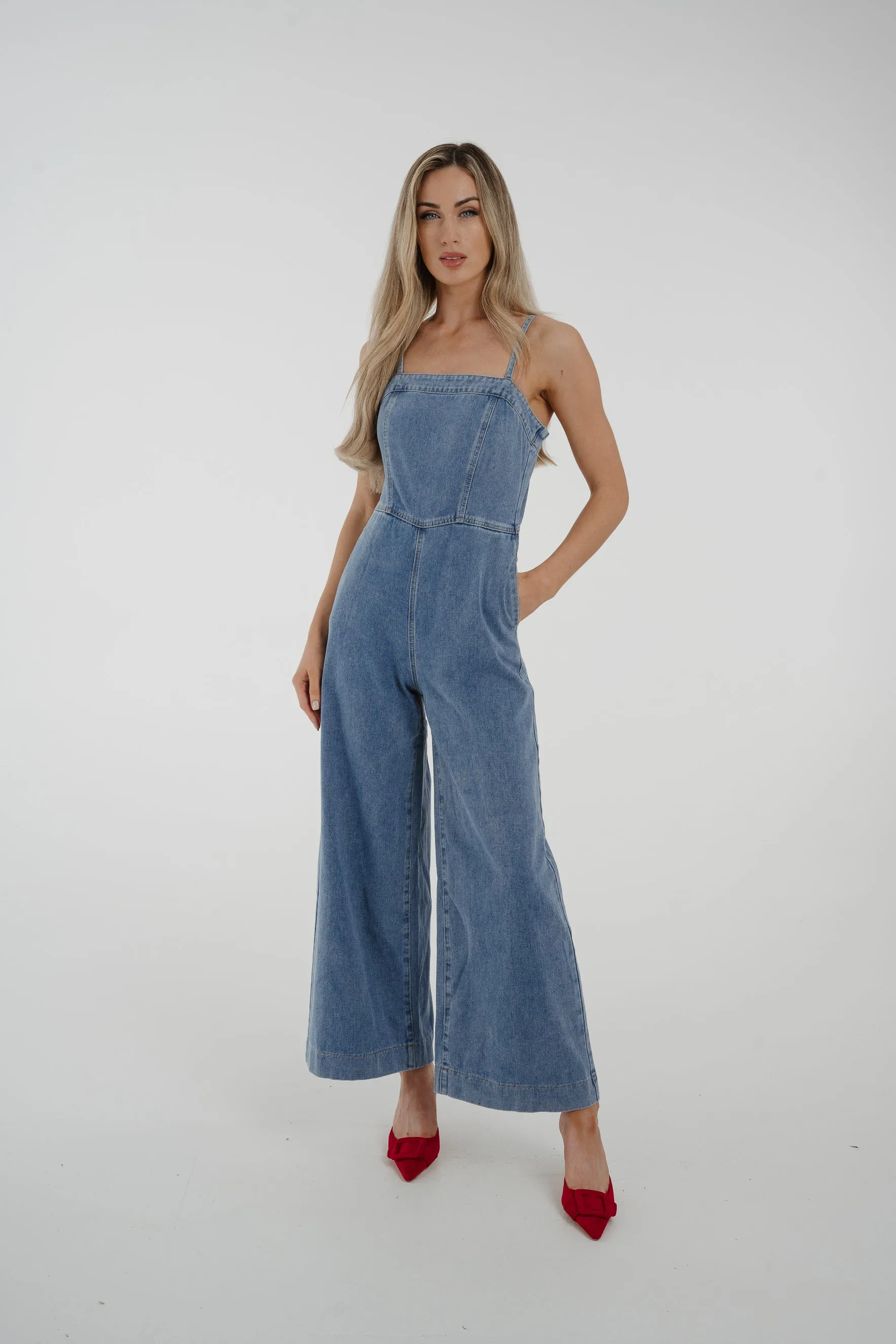 Cindy Strappy Denim Jumpsuit In Light Wash