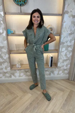 Cora Short Sleeve Jumpsuit In Khaki