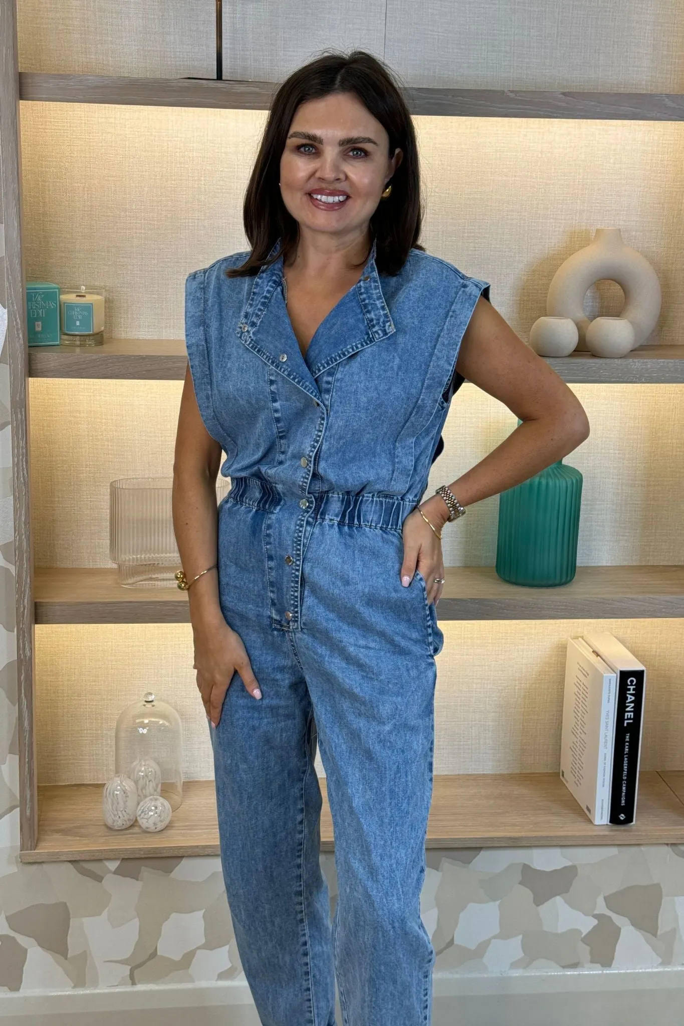 Cora Sleeveless Denim Jumpsuit In Light Wash