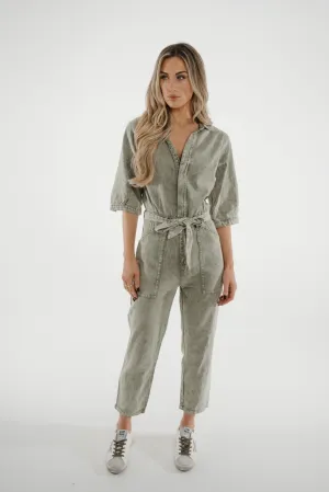 Cora Tie Waist Jumpsuit In Khaki