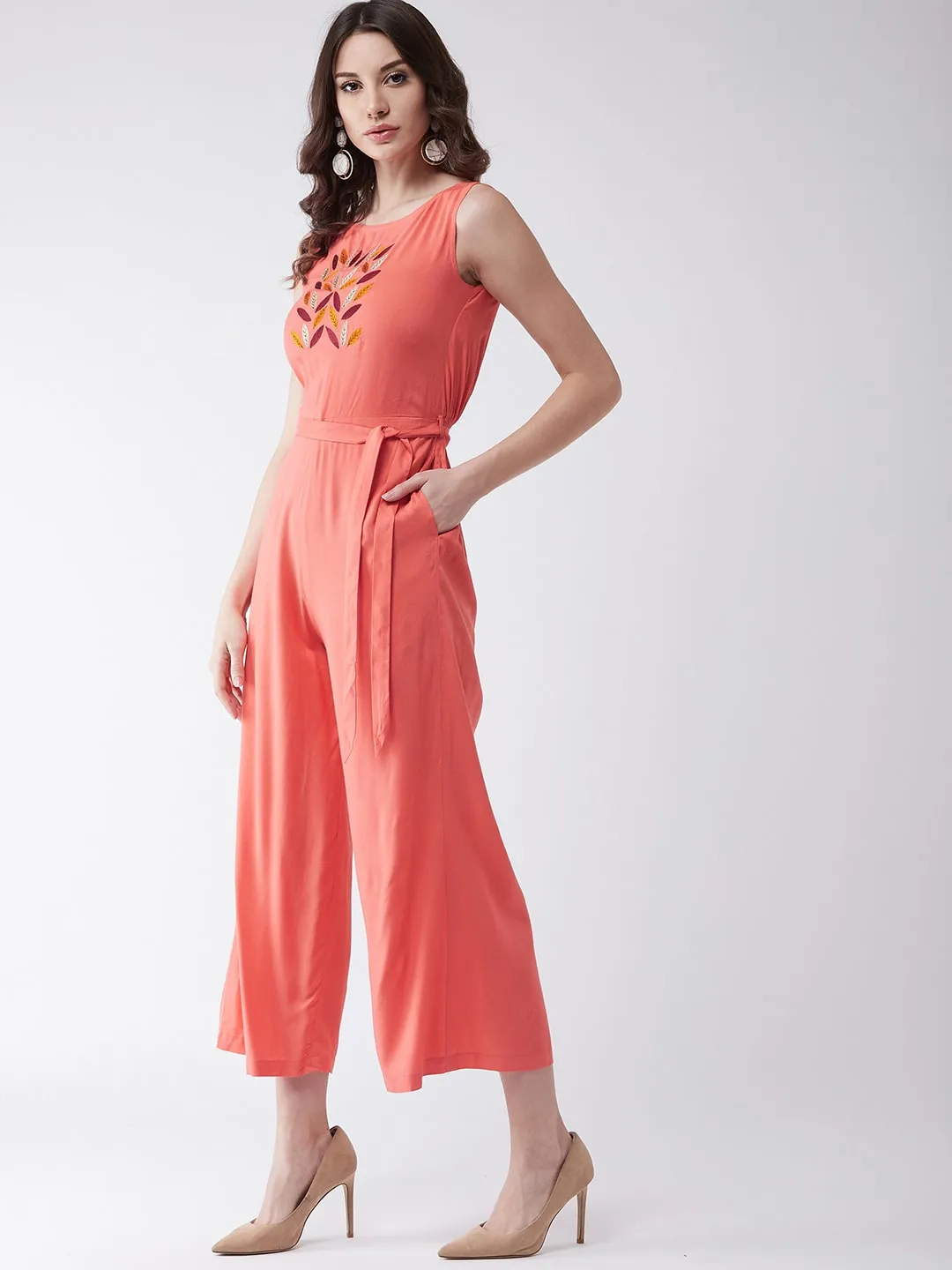 Coral Embroidered Sleeveless Jumpsuit