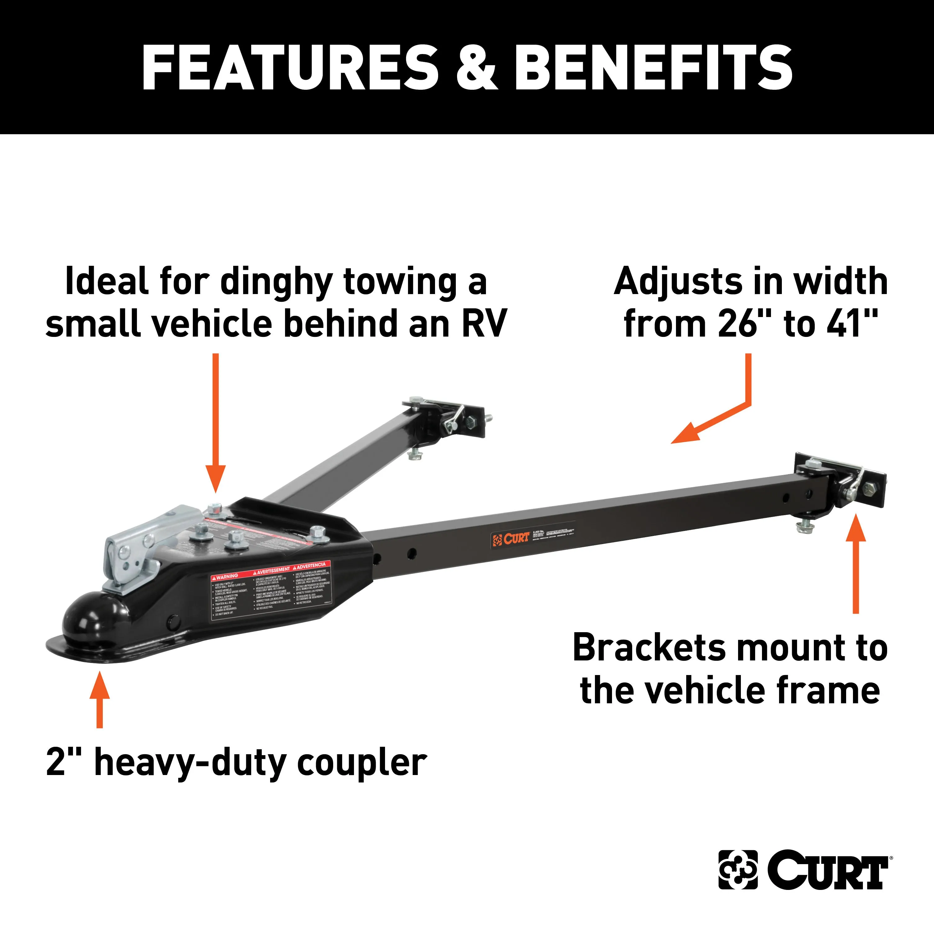 CURT 19745 Universal Tow Bar with 2in. Coupler; 5;000 lbs; Adjusts 26in. to 40in.