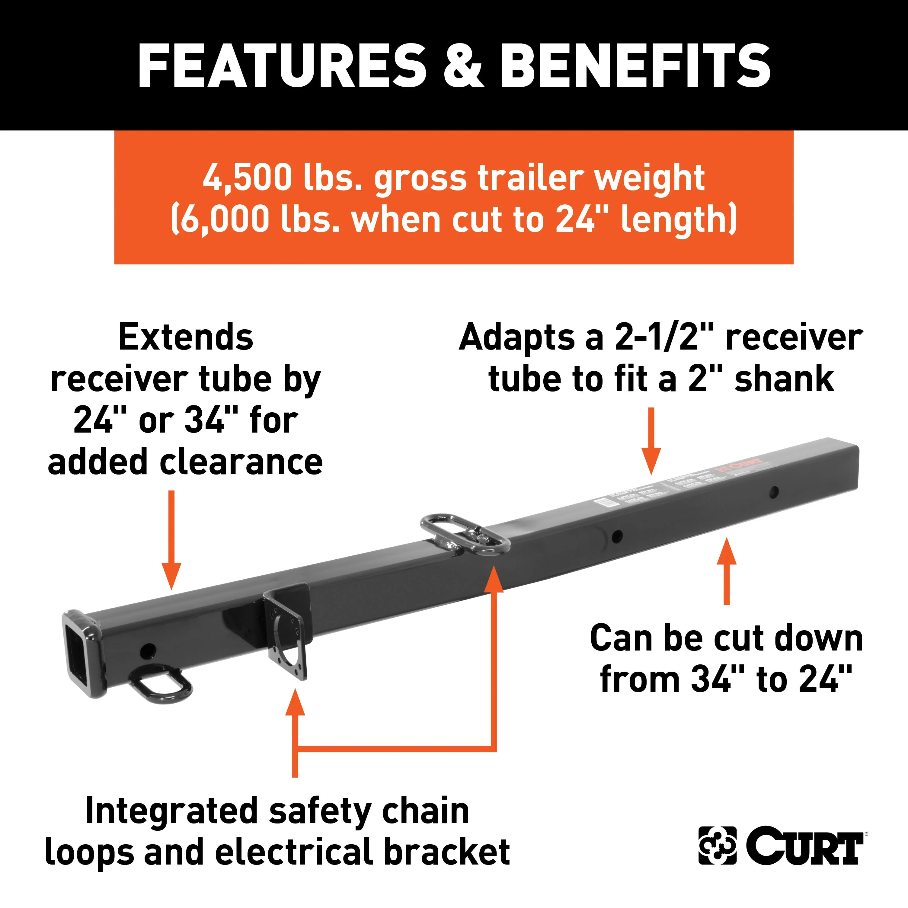 CURT 45048 Receiver Tube Adapter (2-1/2in. to 2in. Shank; 4;500 lbs. GTW; 34in. Length)