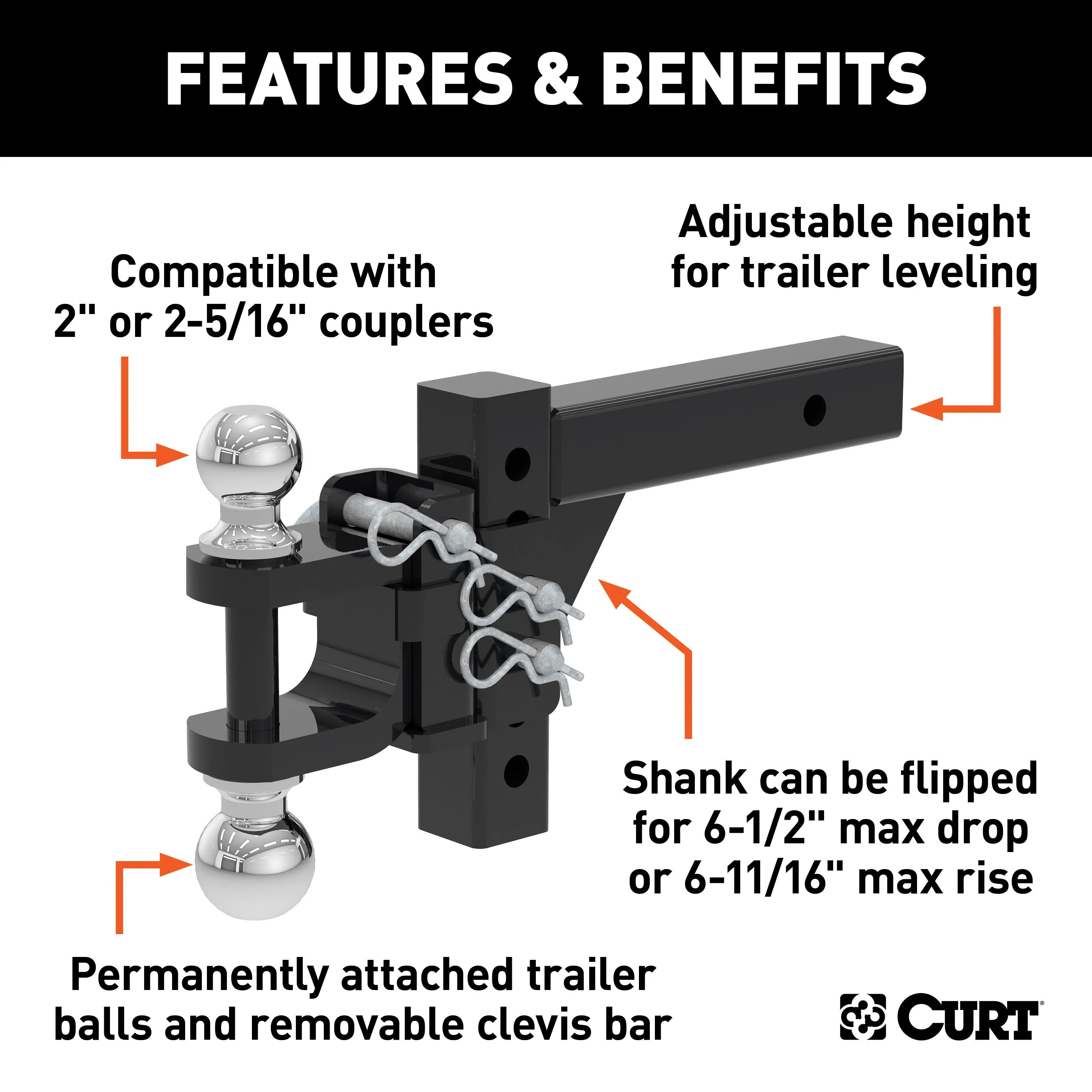 CURT 45049 Adjustable Multipurpose Ball Mount (2in. Shank; 2in./2-5/16in. Balls)