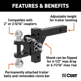 CURT 45049 Adjustable Multipurpose Ball Mount (2in. Shank; 2in./2-5/16in. Balls)