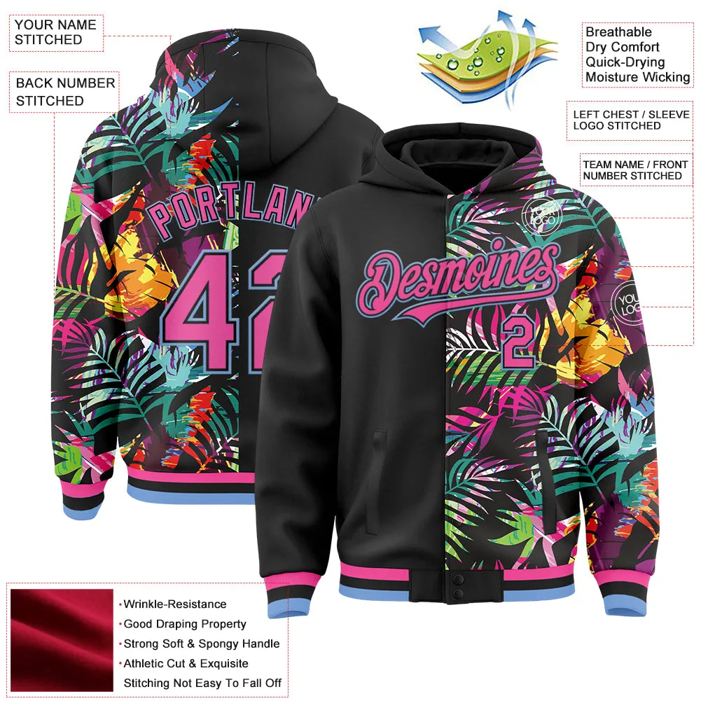 Custom Black Pink-Light Blue Tropical Palm Leaves 3D Pattern Design Bomber Full-Snap Varsity Letterman Hoodie Jacket