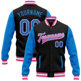 Custom Black Powder Blue-Pink Bomber Full-Snap Varsity Letterman Two Tone Jacket