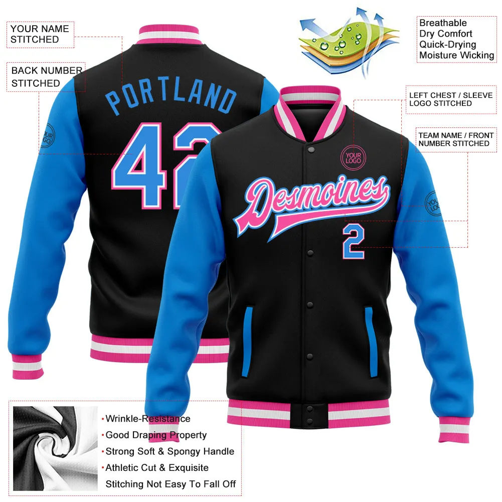 Custom Black Powder Blue-Pink Bomber Full-Snap Varsity Letterman Two Tone Jacket