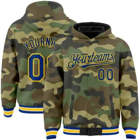 Custom Camo Royal-Yellow Bomber Full-Snap Varsity Letterman Salute To Service Hoodie Jacket