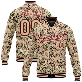 Custom City Cream Crimson-Black Animal Print 3D Pattern Design Bomber Full-Snap Varsity Letterman Jacket