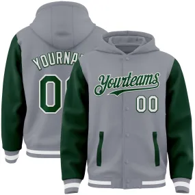 Custom Gray Green-White Bomber Full-Snap Varsity Letterman Two Tone Hoodie Jacket