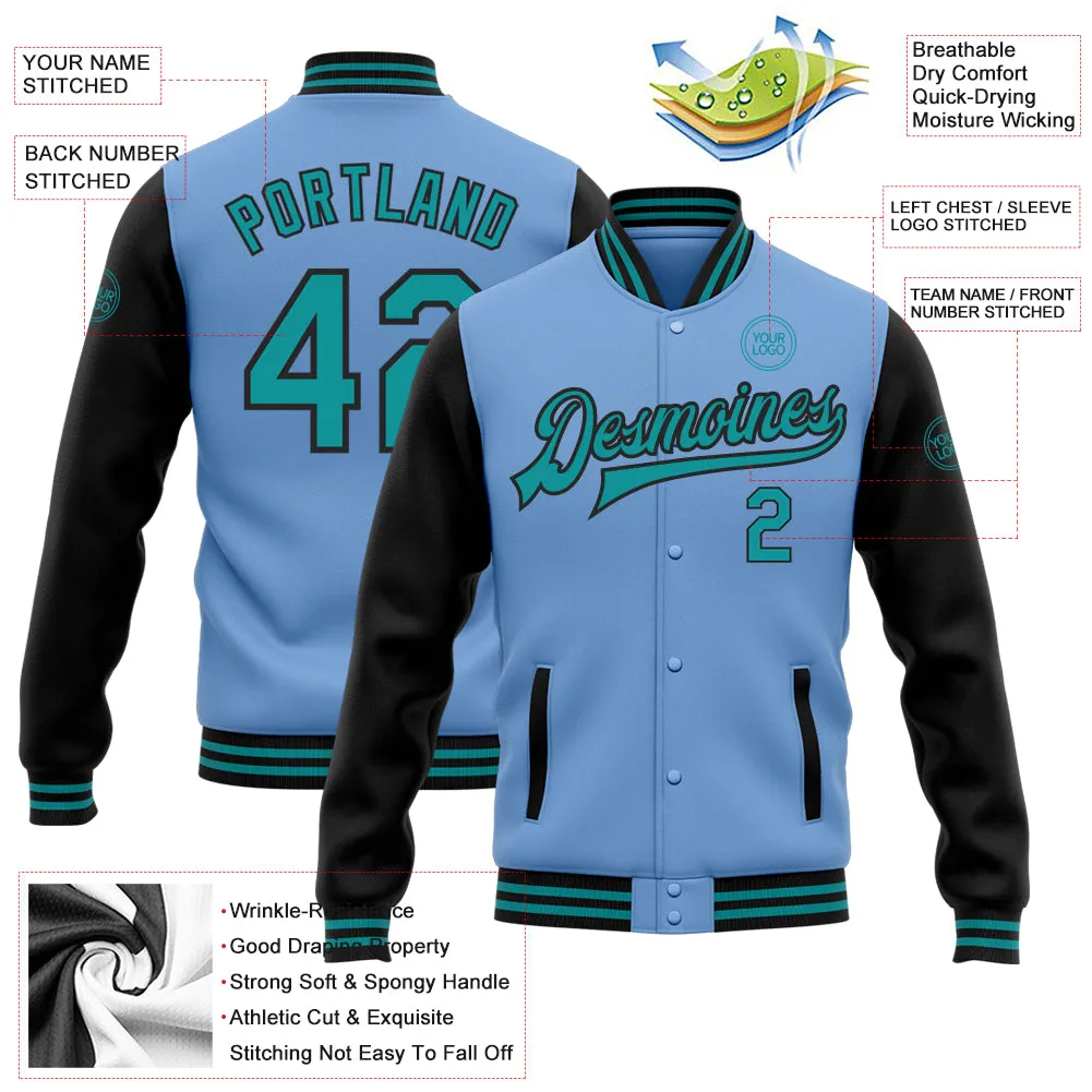 Custom Light Blue Teal-Black Bomber Full-Snap Varsity Letterman Two Tone Jacket