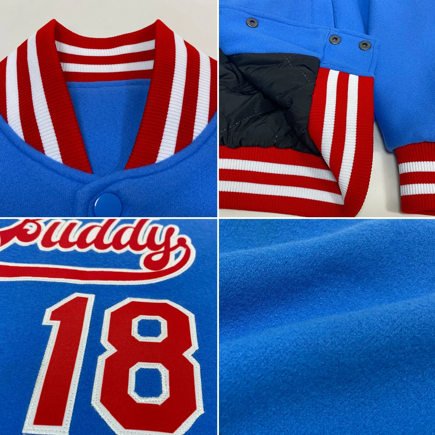 Custom Powder Blue Red-White Bomber Full-Snap Varsity Letterman Jacket