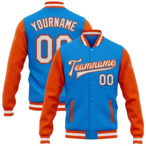 Custom Powder Blue White-Orange Bomber Full-Snap Varsity Letterman Two Tone Jacket