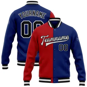 Custom Royal Black-Red Bomber Full-Snap Varsity Letterman Split Fashion Jacket