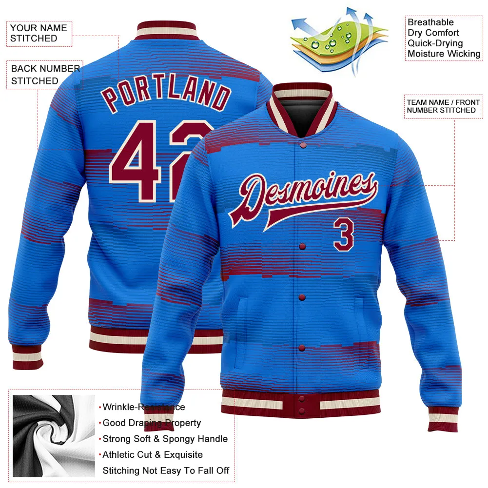 Custom Royal Crimson-Cream 3D Pattern Design Bomber Full-Snap Varsity Letterman Jacket