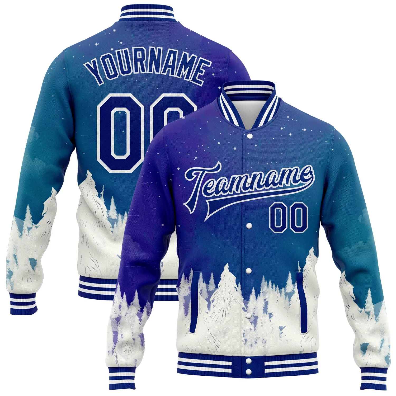 Custom Royal White Watercolor Winter Landscape With Snowy Trees 3D Pattern Design Bomber Full-Snap Varsity Letterman Jacket