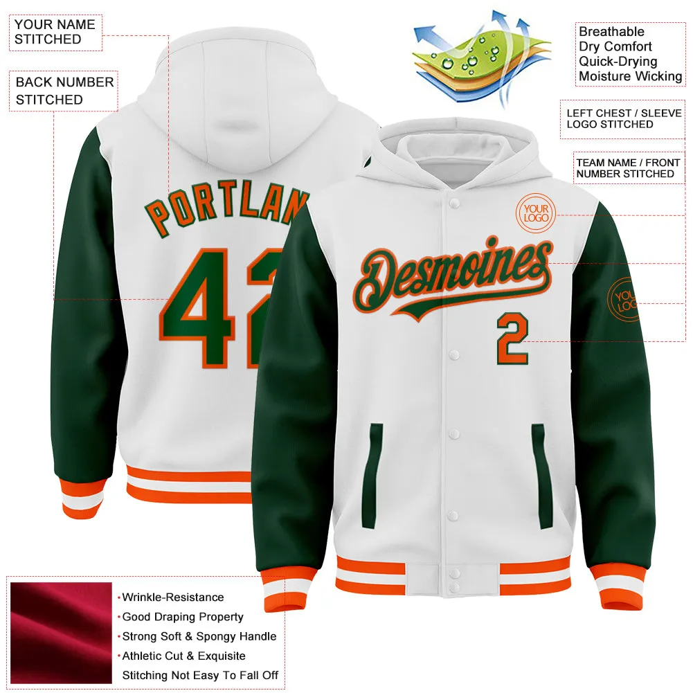 Custom White Green-Orange Bomber Full-Snap Varsity Letterman Two Tone Hoodie Jacket