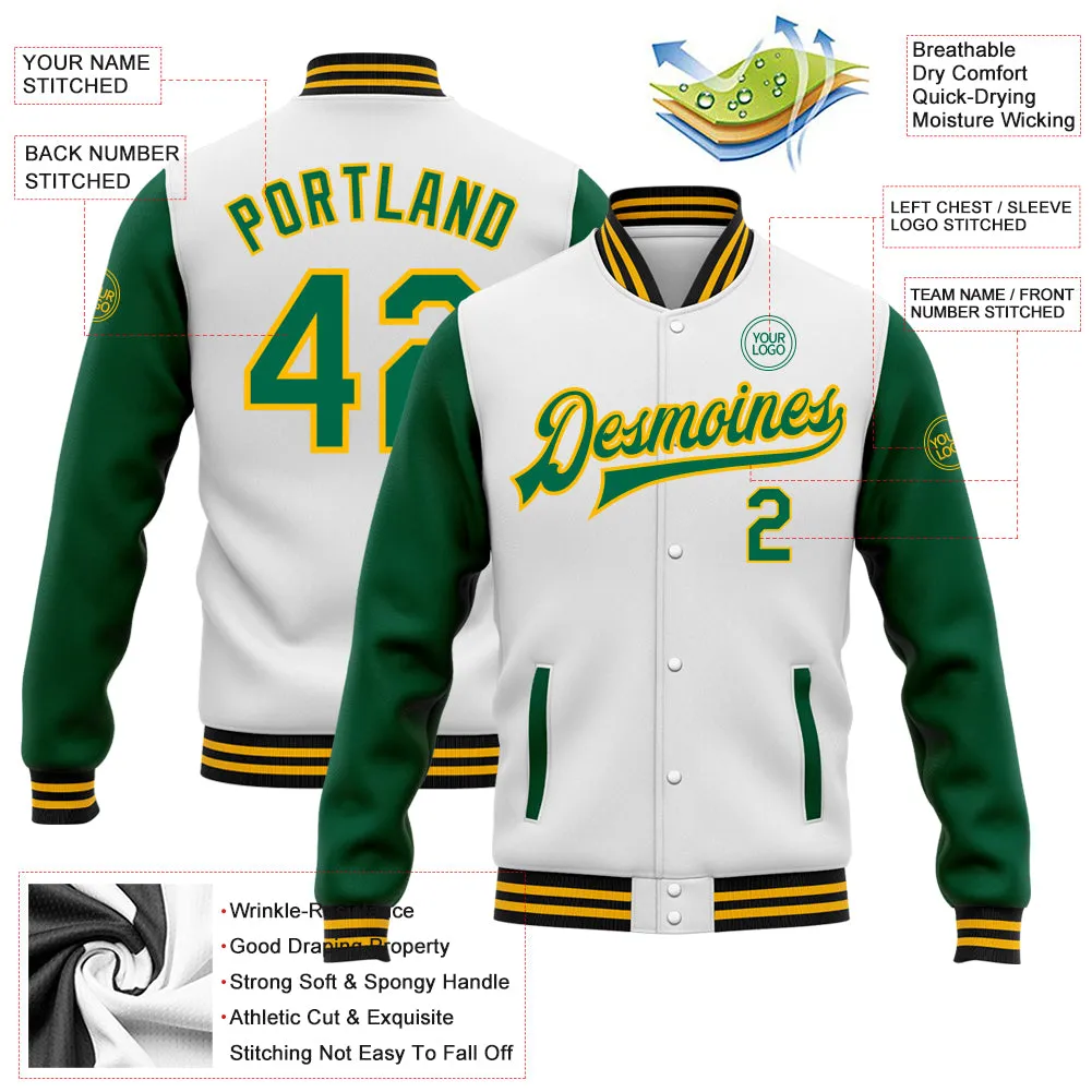 Custom White Kelly Green Gold-Black Bomber Full-Snap Varsity Letterman Two Tone Jacket