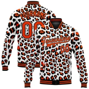 Custom White Orange-Black Leopard Print 3D Pattern Design Bomber Full-Snap Varsity Letterman Jacket