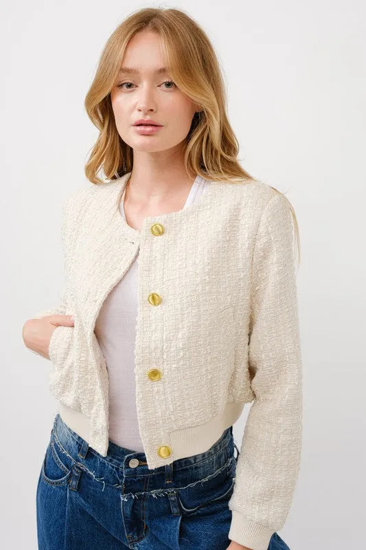 Dakota Long Sleeve Tweed Bomber Jacket Ivory